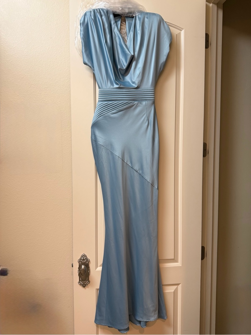 Brand New never worn Zhivago Dusty Blue Draped Cowl Evening Gown size 4